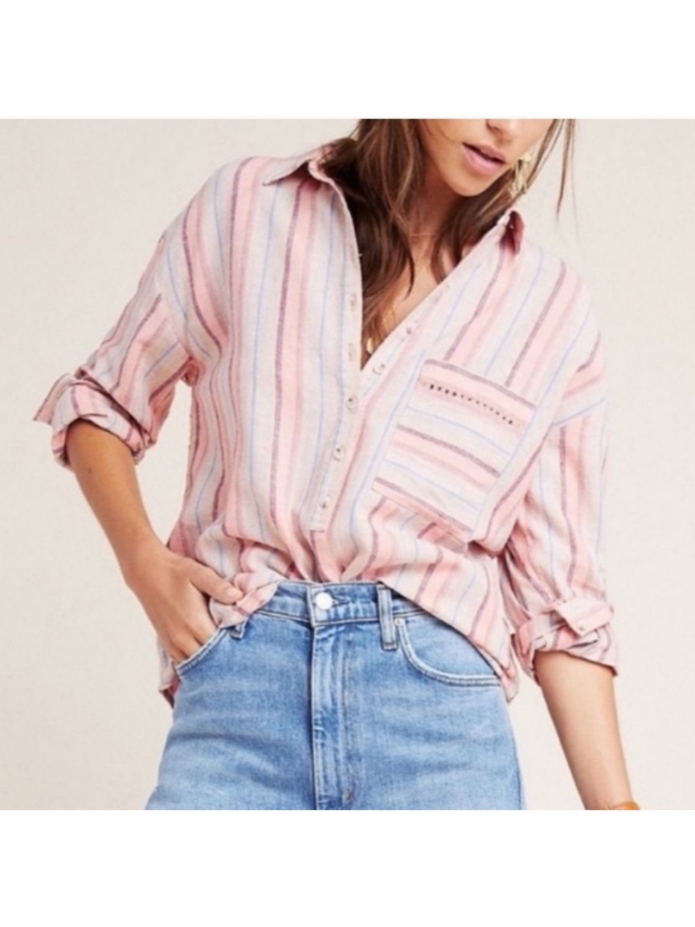 Anthro Maeve Striped Linen Blend Top Size Medium